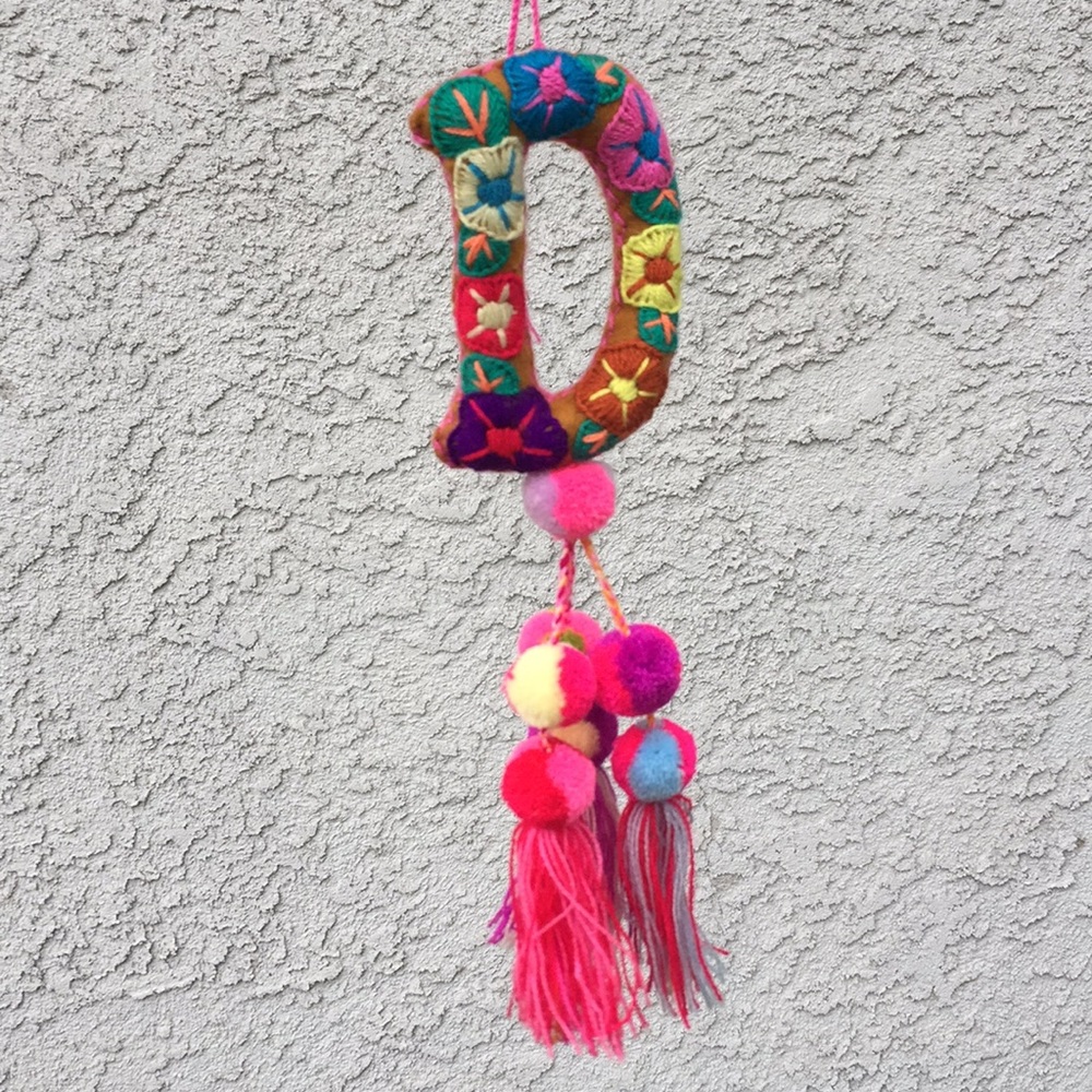 Embroidered Letter “D” Hanging Pom Crochet Knit Fringe Accessory Decor